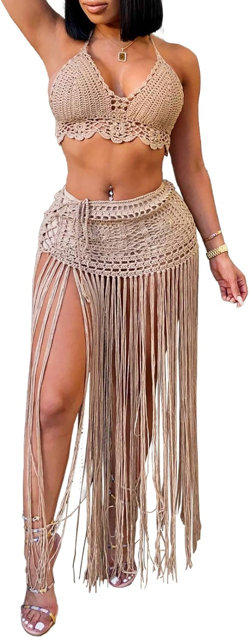 Women Crochet 2 Piece Swimsuit Dress Halter Bikini Top Hollow Tassel Irregular Midi Skirt Set See through Cover up Khaki M