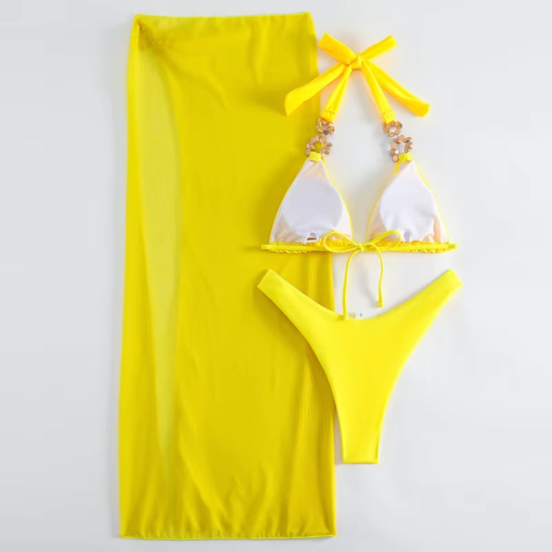 Yellow Sexy Rhinestones Bikinis 2025 Women Swimwear Female Swimsuit Swimming Bathing Suits Brazilian Bikini Set Beachwear Bather