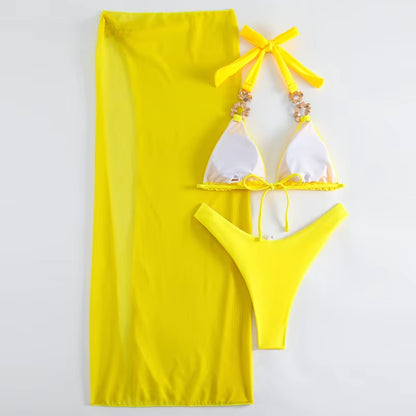 Yellow Sexy Rhinestones Bikinis 2025 Women Swimwear Female Swimsuit Swimming Bathing Suits Brazilian Bikini Set Beachwear Bather