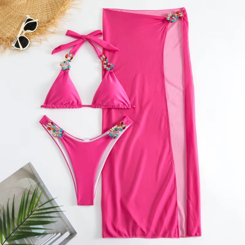 Yellow Sexy Rhinestones Bikinis 2025 Women Swimwear Female Swimsuit Swimming Bathing Suits Brazilian Bikini Set Beachwear Bather