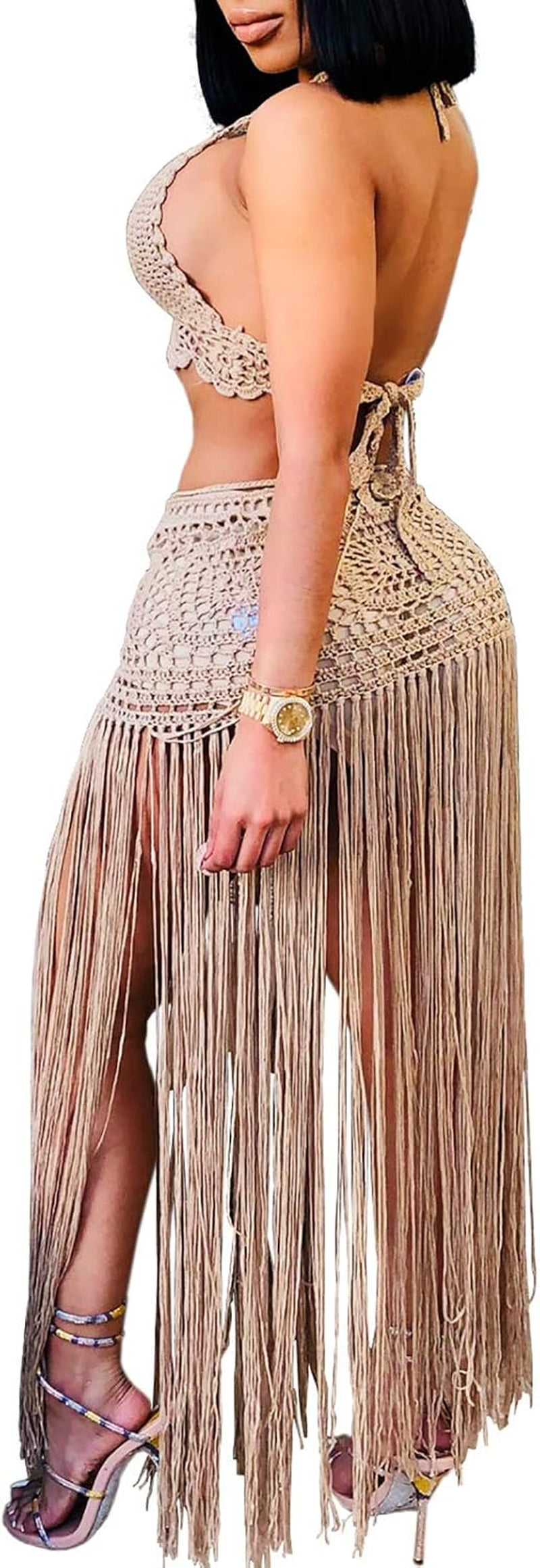 Women Crochet 2 Piece Swimsuit Dress Halter Bikini Top Hollow Tassel Irregular Midi Skirt Set See through Cover up Khaki M