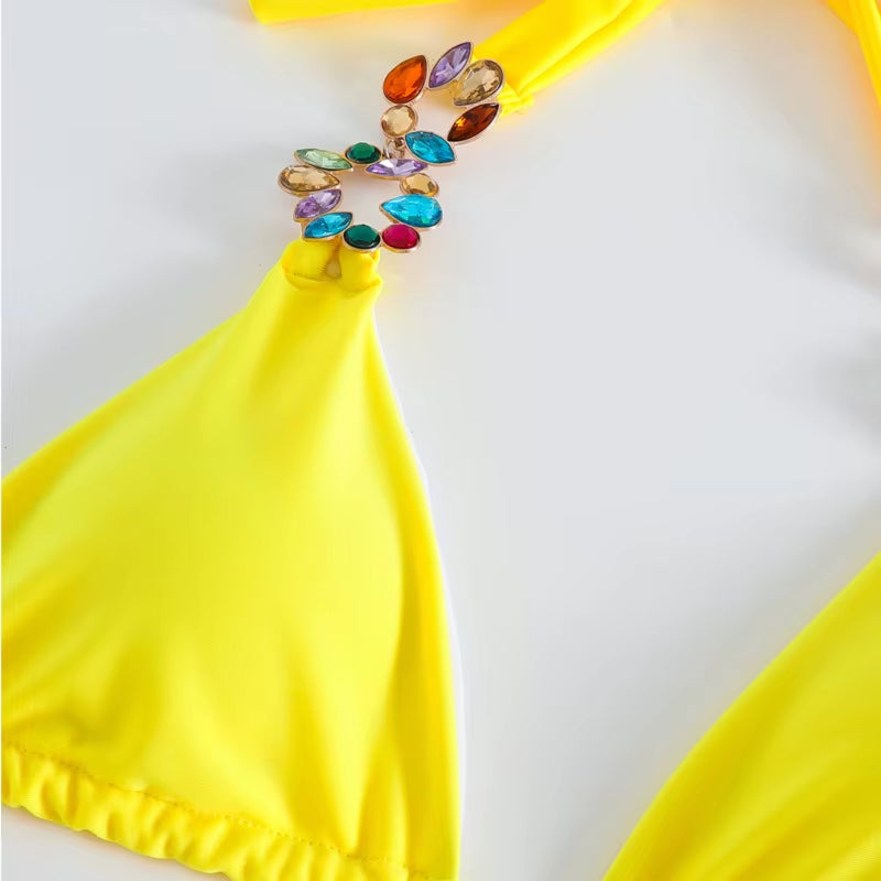 Yellow Sexy Rhinestones Bikinis 2025 Women Swimwear Female Swimsuit Swimming Bathing Suits Brazilian Bikini Set Beachwear Bather