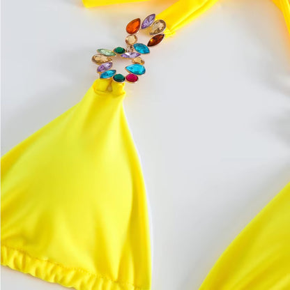 Yellow Sexy Rhinestones Bikinis 2025 Women Swimwear Female Swimsuit Swimming Bathing Suits Brazilian Bikini Set Beachwear Bather