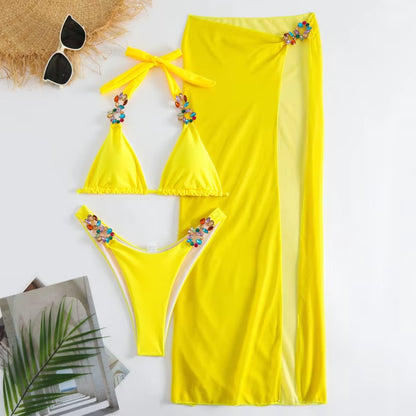 Yellow Sexy Rhinestones Bikinis 2025 Women Swimwear Female Swimsuit Swimming Bathing Suits Brazilian Bikini Set Beachwear Bather