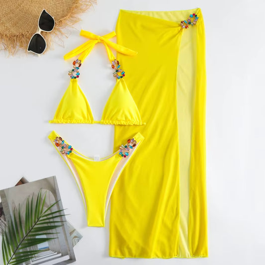 Yellow Sexy Rhinestones Bikinis 2025 Women Swimwear Female Swimsuit Swimming Bathing Suits Brazilian Bikini Set Beachwear Bather